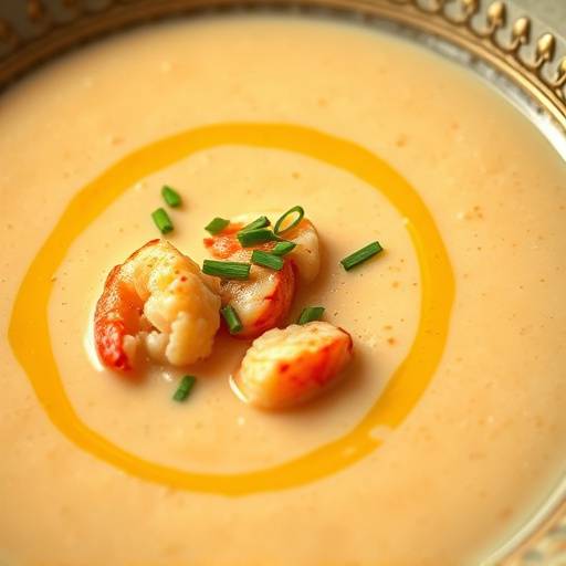 Bowl of creamy lobster bisque garnished with chives and a drizzle of truffle oil.