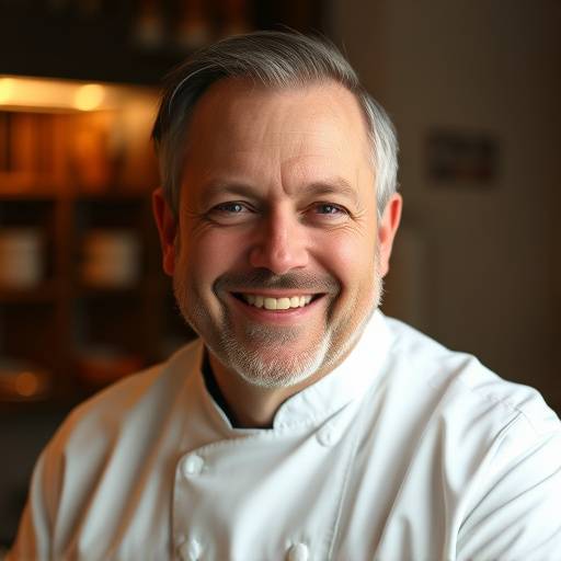 Portrait of Chef Jean-Pierre Dubois smiling in his chef's whites.