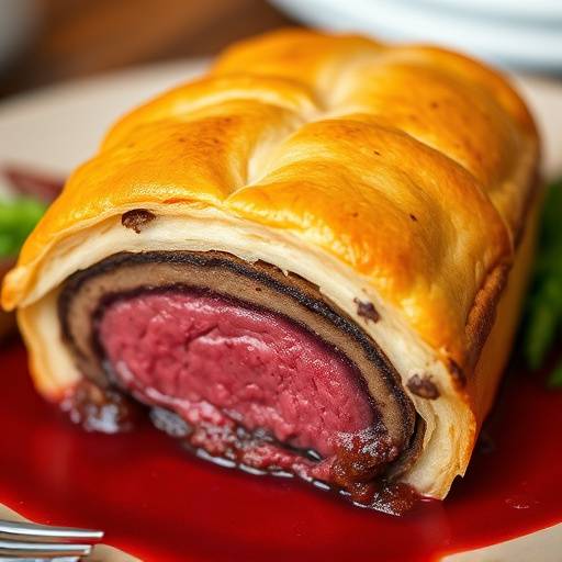 Slice of Beef Wellington with golden-brown pastry crust and a rich red wine reduction.